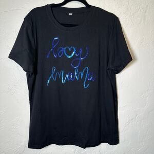 Boy Mama T-Shirt Size Large Black Tee Blue Sequins Mom Mother's Day Tee Gift